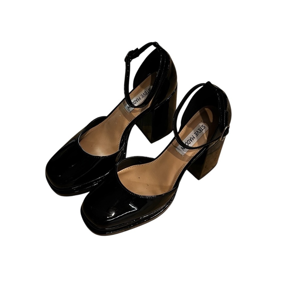 Steve Madden Prompt patent leather black block heels platform pumps size 8 retro